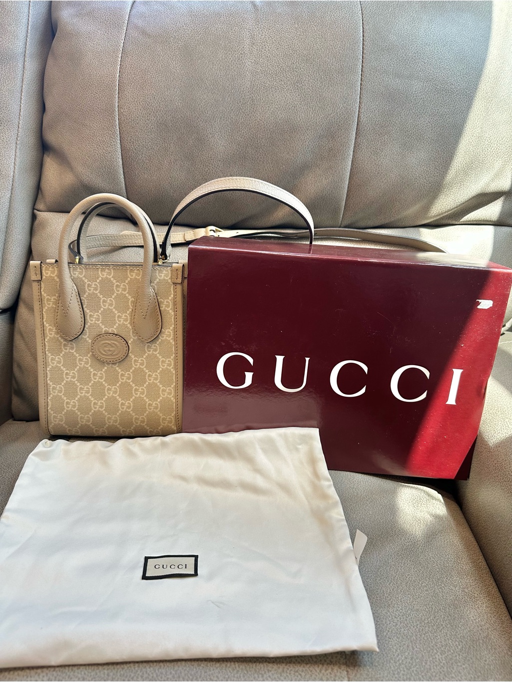 Gucci Beige Gg Canvas Mini Tote With Neutral Leather Trim